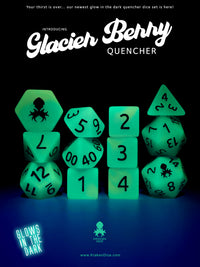 Glacier Berry Quencher Glow in the Dark 12pc Dice Set inked in Silver