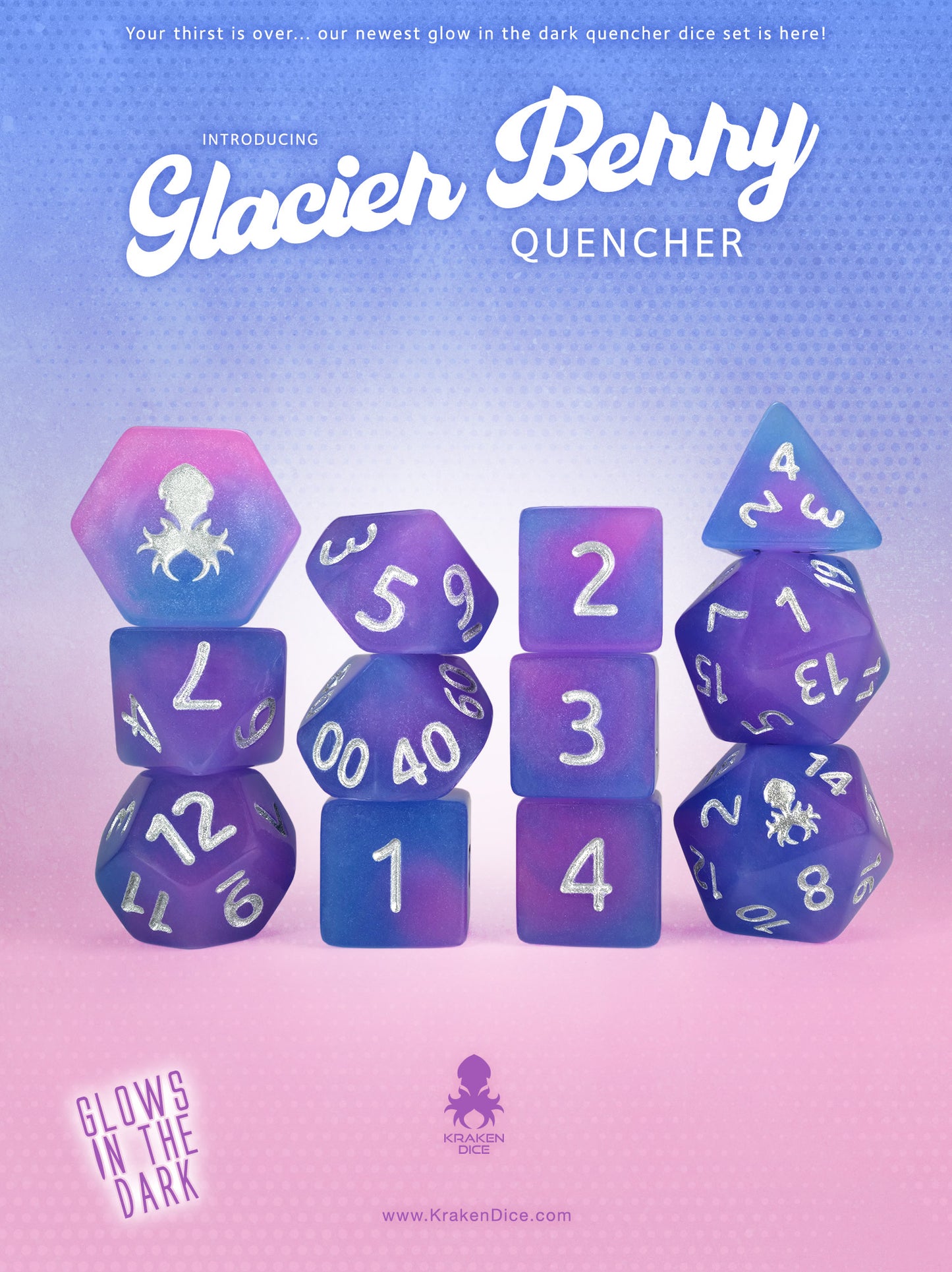 Glacier Berry Quencher Glow in the Dark 12pc Dice Set inked in Silver