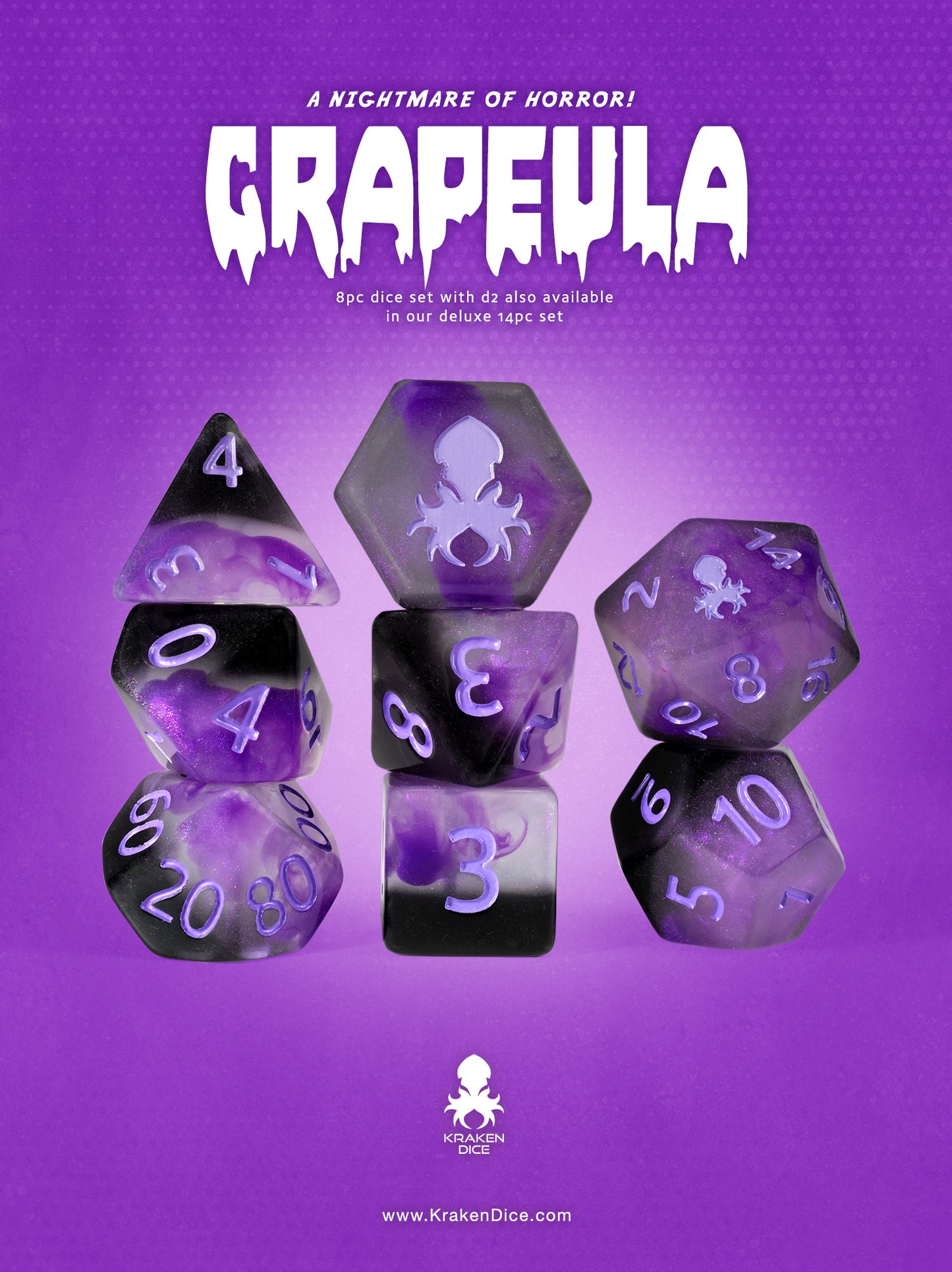 Grapeula 8pc Dice Set inked in Purple
