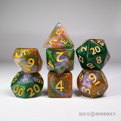 Green Orange Yellow Glitter Shift Blended 7pc  Dice Set