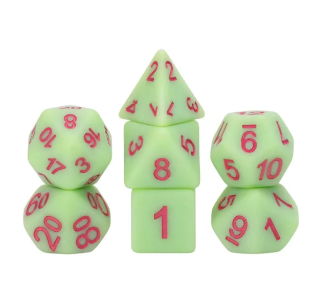 Green Elves 7pc Dice Set Inked in Red