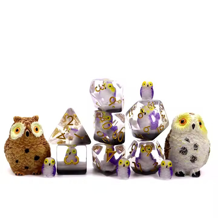 Purple Baby Owl 7pc Dice Set for TTRPG inked in Gold