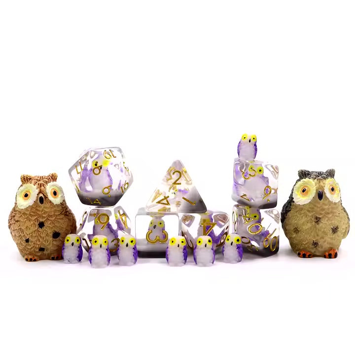 Purple Baby Owl 7pc Dice Set for TTRPG inked in Gold