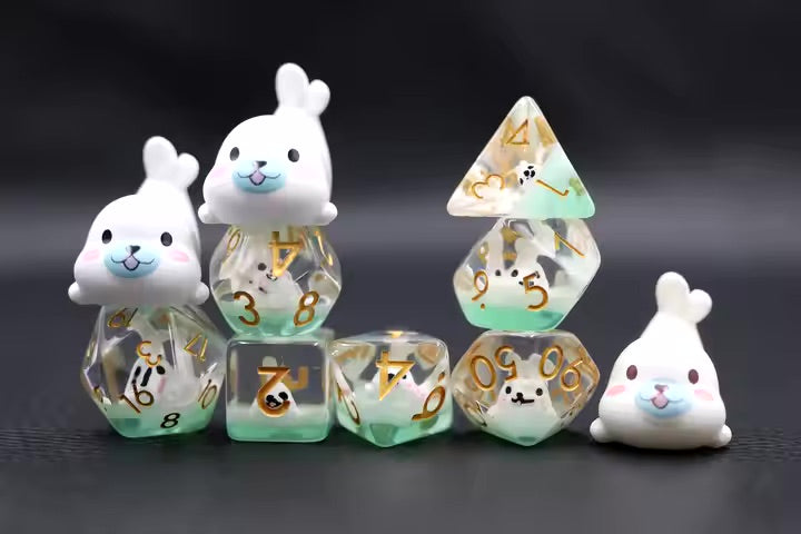 White Seal 7pc Dice Set for TTRPG inked in Gold