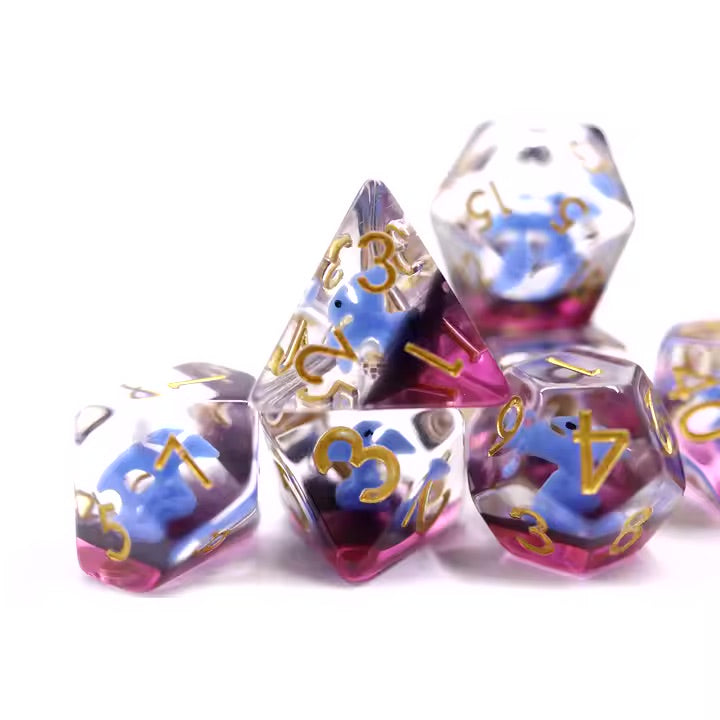 Blue Pterodactyl 7pc Dice Set for TTRPG inked in Gold