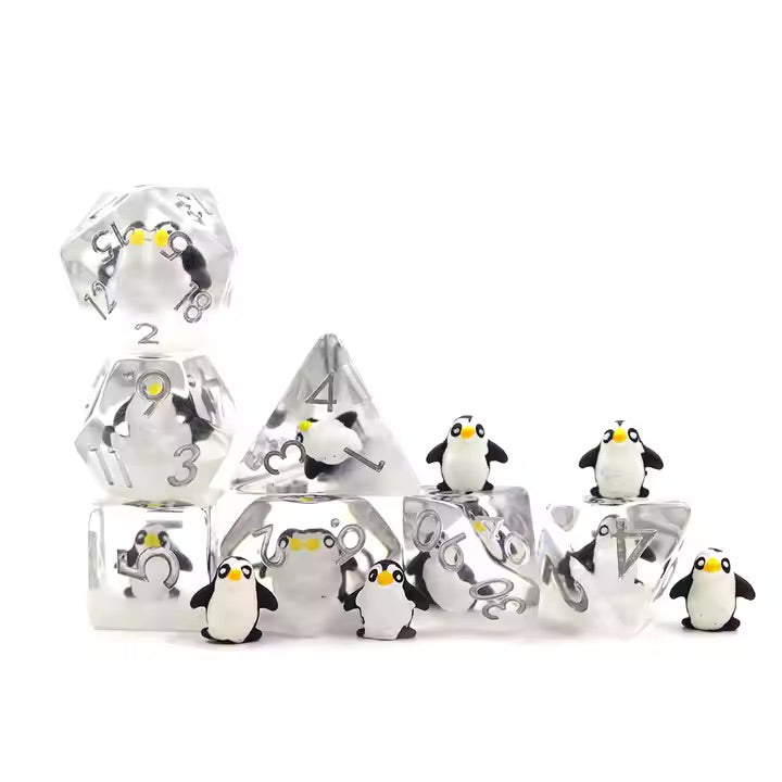 Penguin 7pc Dice Set for TTRPG inked in Silver