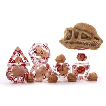 Dino Skull 7pc Dice Set for TTRPG inked in Red