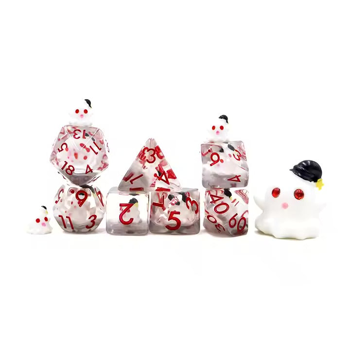 Ghost 7pc Dice Set for TTRPG inked in Red