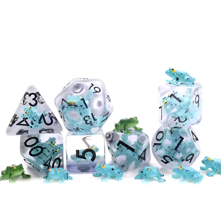 Teal Frog 7pc Dice Set for TTRPG inked in Black