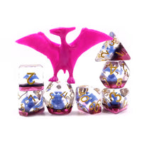 Blue Pterodactyl 7pc Dice Set for TTRPG inked in Gold