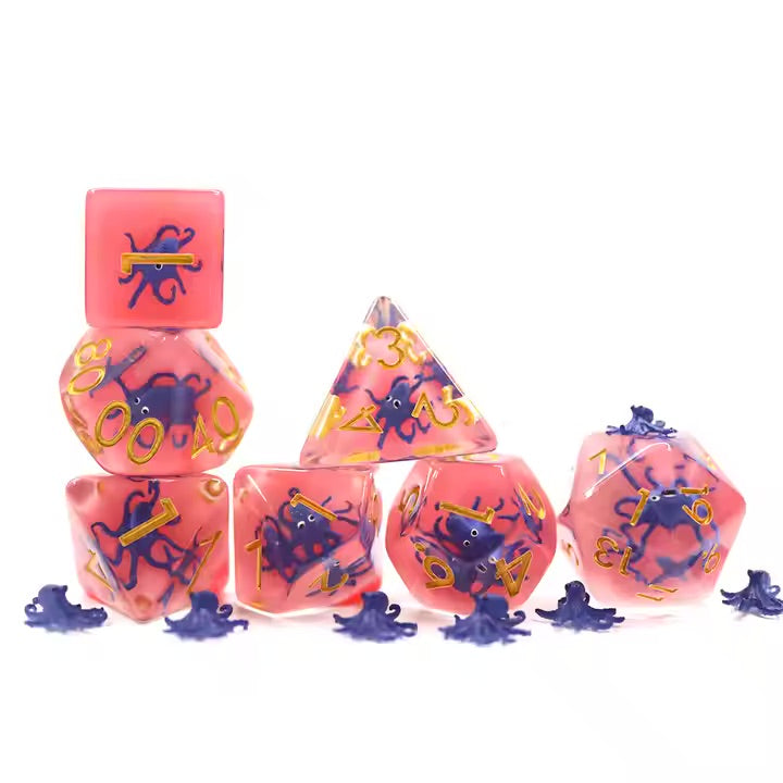 Purple Octopus 7pc Dice Set for TTRPG inked in Gold