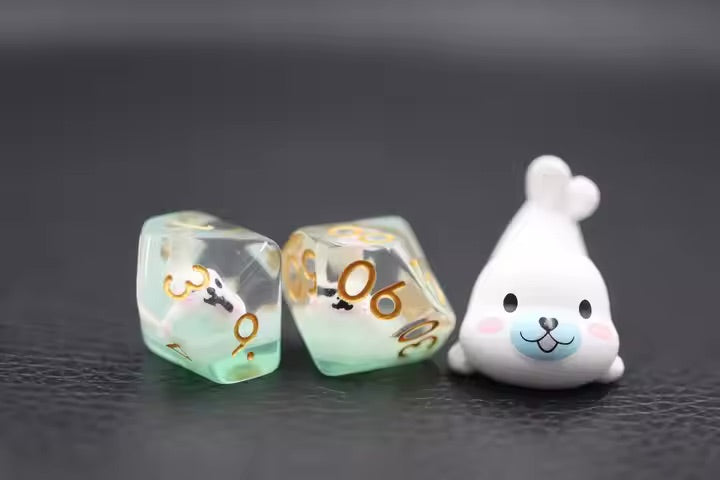 White Seal 7pc Dice Set for TTRPG inked in Gold