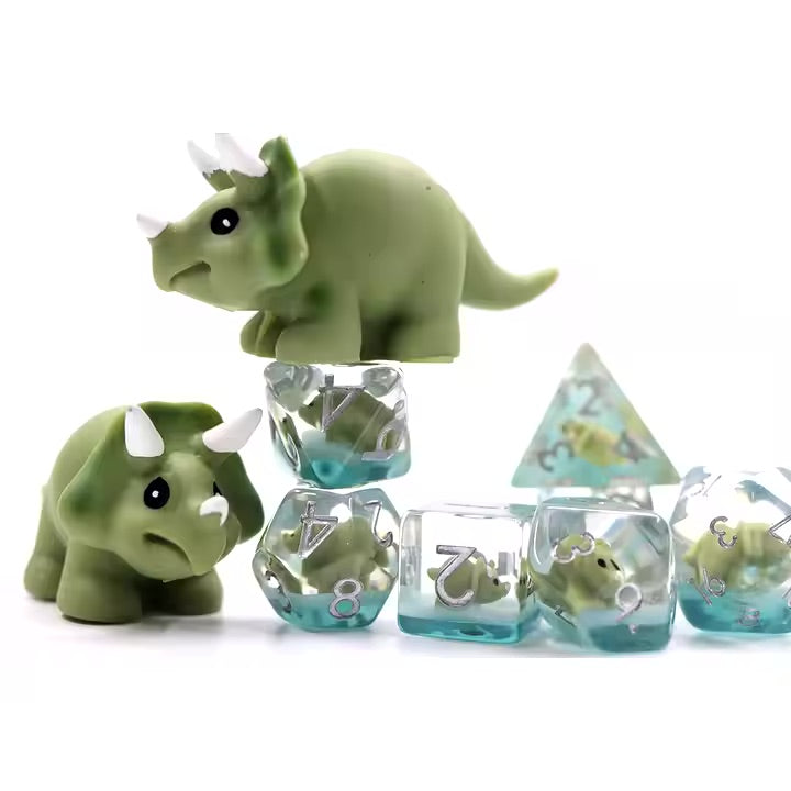 Triceratops 7pc Dice Set for TTRPG inked in Silver