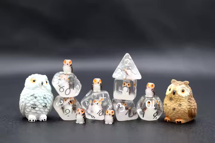 Baby Owl 7pc Dice Set for TTRPG inked in Silver