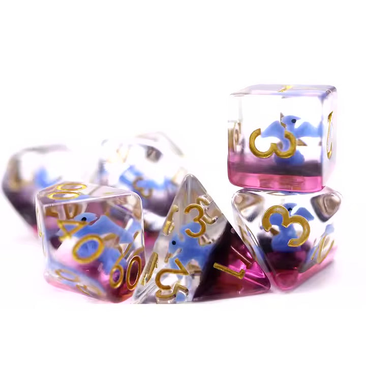 Blue Pterodactyl 7pc Dice Set for TTRPG inked in Gold