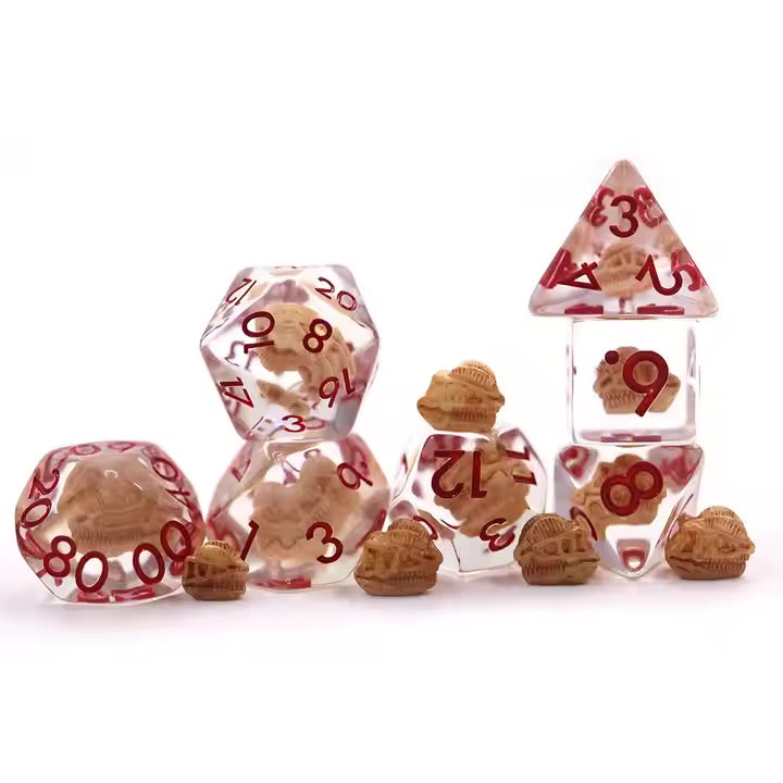 Dino Skull 7pc Dice Set for TTRPG inked in Red