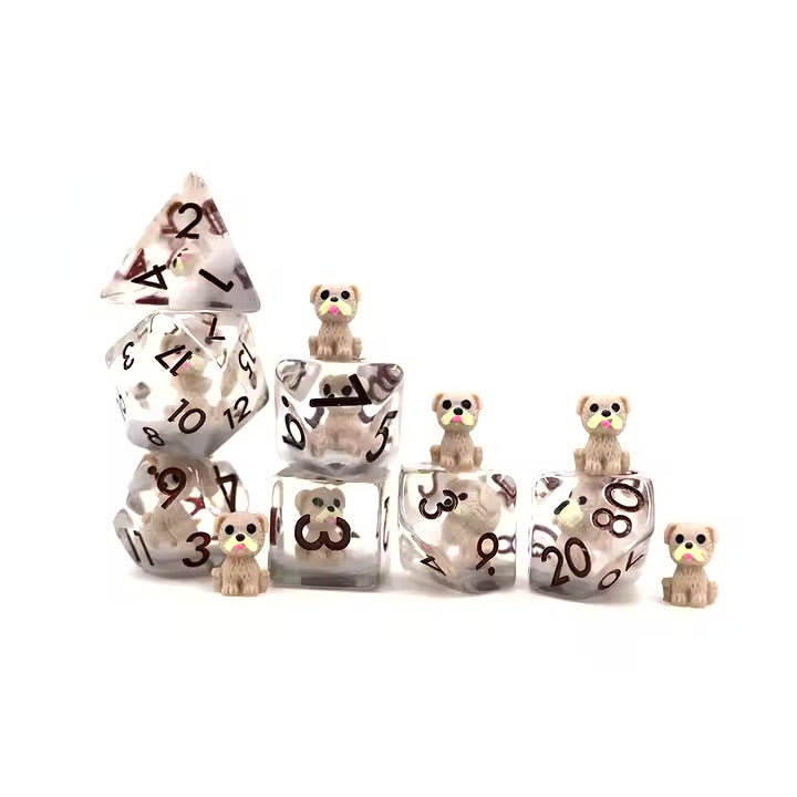 Puppy 7pc Dice Set for TTRPG inked in Brown