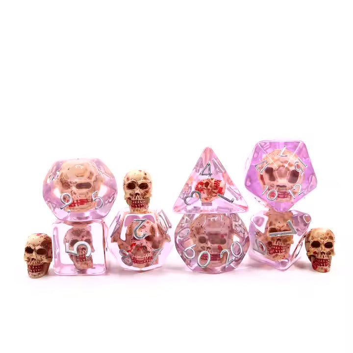 Blood Skull 7pc Dice Set for TTRPG inked in Silver