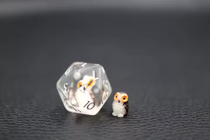 Baby Owl 7pc Dice Set for TTRPG inked in Silver