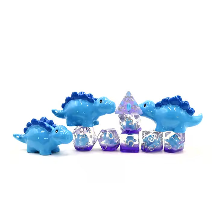 Blue Dino 7pc Dice Set for TTRPG inked in Silver