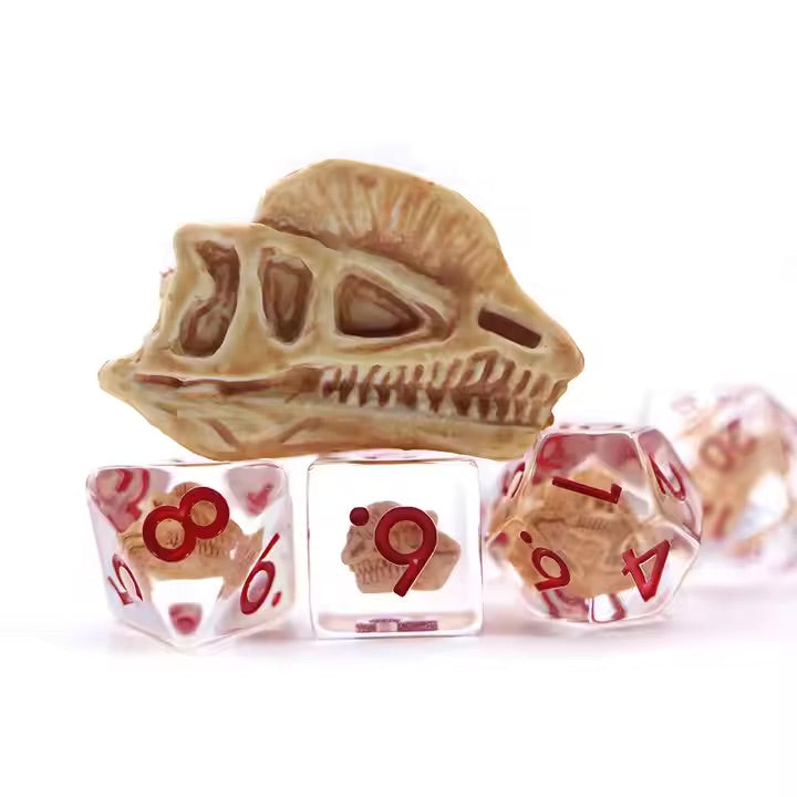 Dino Skull 7pc Dice Set for TTRPG inked in Red