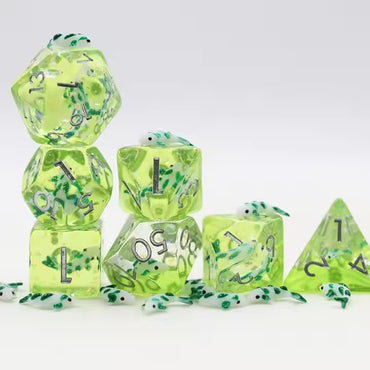 Green Koi 7pc Dice Set for TTRPG inked in Silver