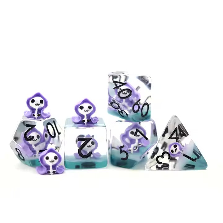 Purple Reaper 7pc Dice Set for TTRPG inked in Black