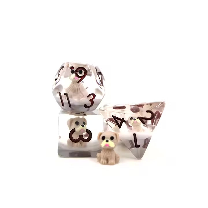 Puppy 7pc Dice Set for TTRPG inked in Brown