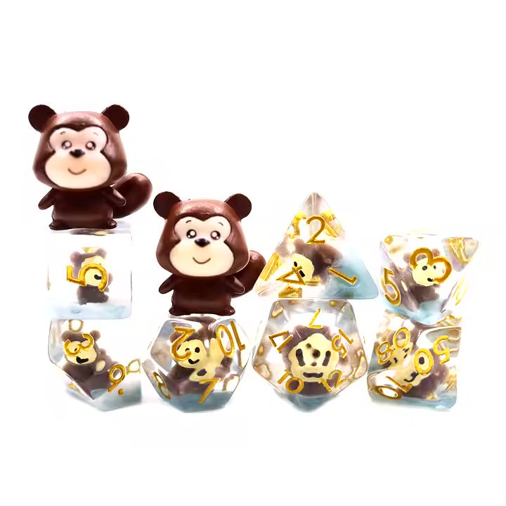 Monkey 7pc Dice Set for TTRPG inked in Gold