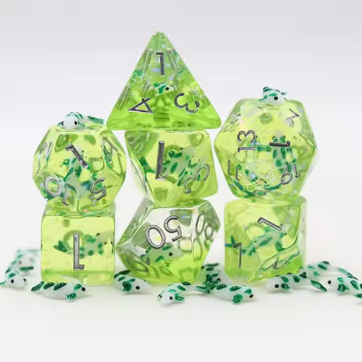 Green Koi 7pc Dice Set for TTRPG inked in Silver