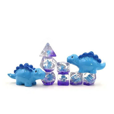 Blue Dino 7pc Dice Set for TTRPG inked in Silver