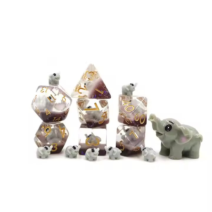 Gray Elephant 7pc Dice Set for TTRPG inked in Gold