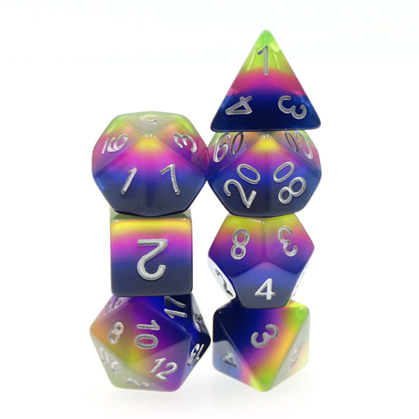 Neon Sunrise 7pc Dice Set Inked in Silver