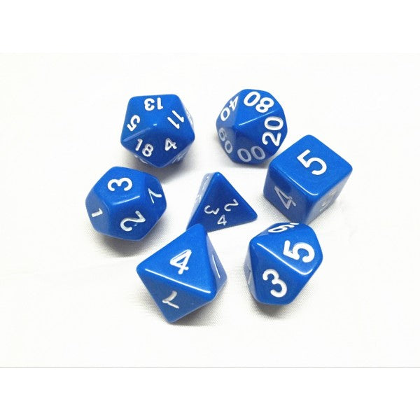 Blue Opaque 7pc Dice Set inked in White