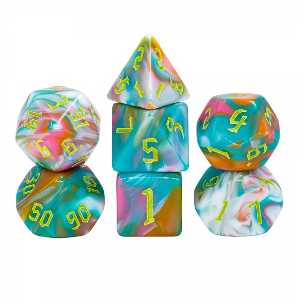 Teal Sky 7pc Dice Set inked in Yellow