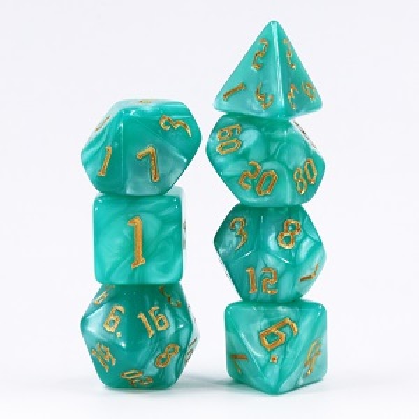 Sea Green Pearl 7pc Dice Set Inked in Gold