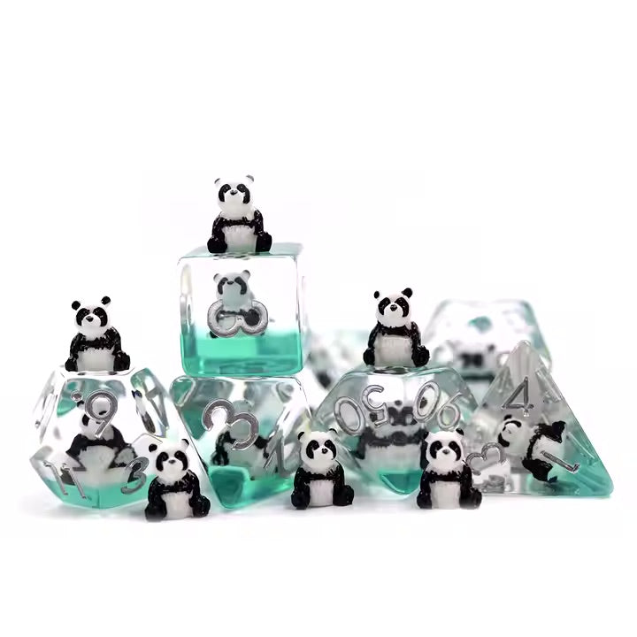 Panda 7pc Dice Set for TTRPG inked in Silver