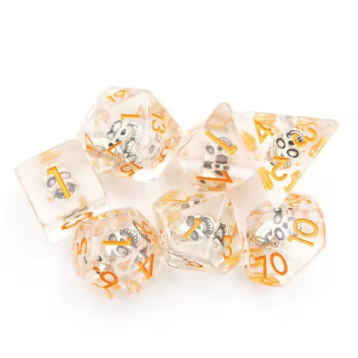 Skull 7pc Dice Set for TTRPG inked in Orange