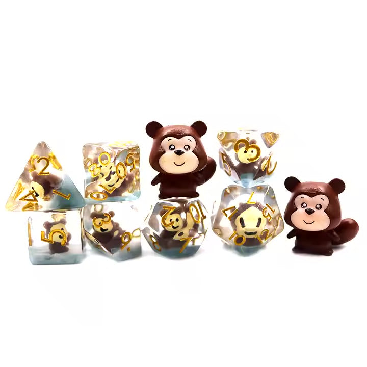 Monkey 7pc Dice Set for TTRPG inked in Gold