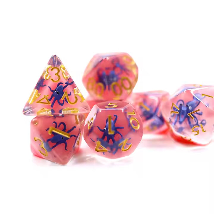 Purple Octopus 7pc Dice Set for TTRPG inked in Gold