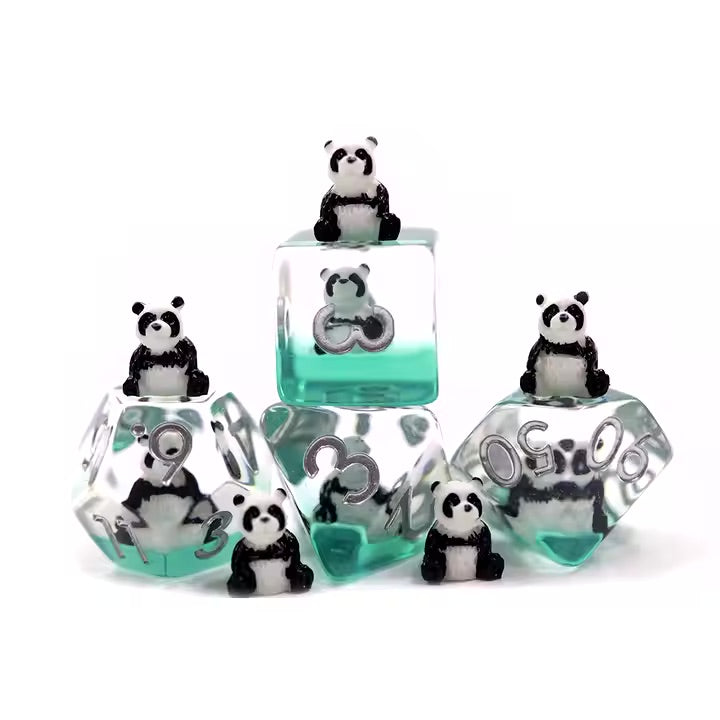 Panda 7pc Dice Set for TTRPG inked in Silver