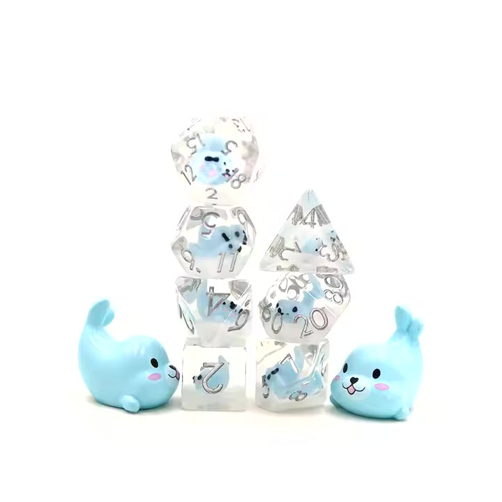 Blue Seal 7pc Dice Set for TTRPG inked in Silver