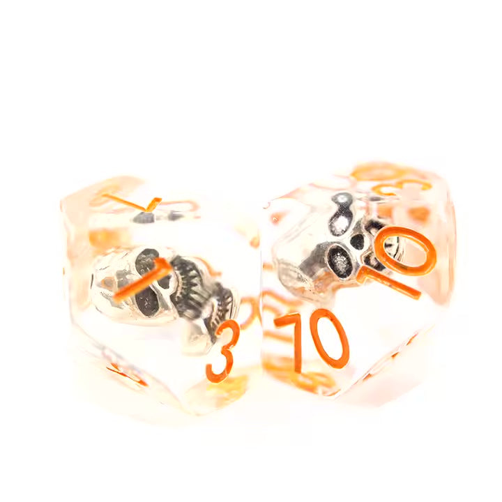 Skull 7pc Dice Set for TTRPG inked in Orange