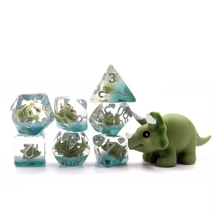 Triceratops 7pc Dice Set for TTRPG inked in Silver