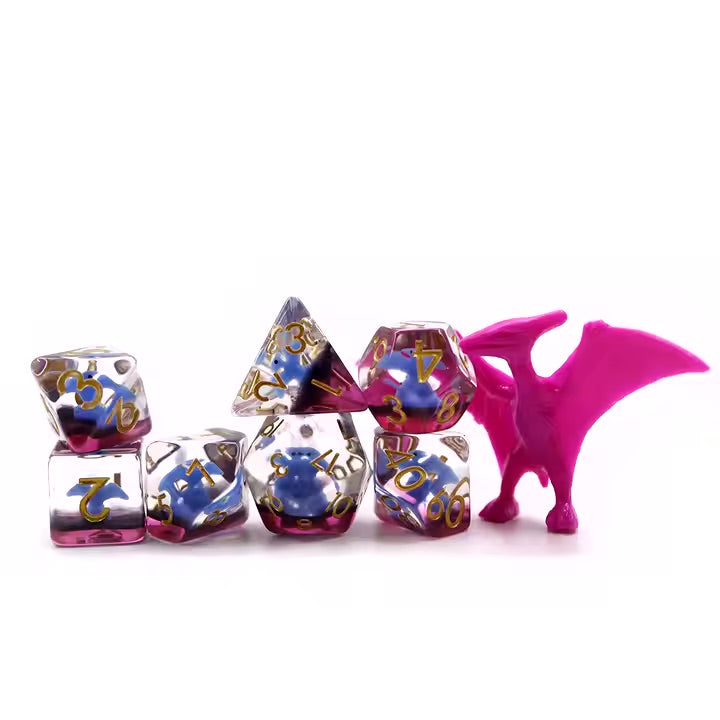 Blue Pterodactyl 7pc Dice Set for TTRPG inked in Gold