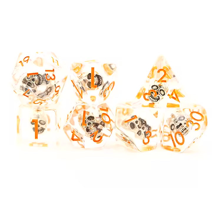 Skull 7pc Dice Set for TTRPG inked in Orange