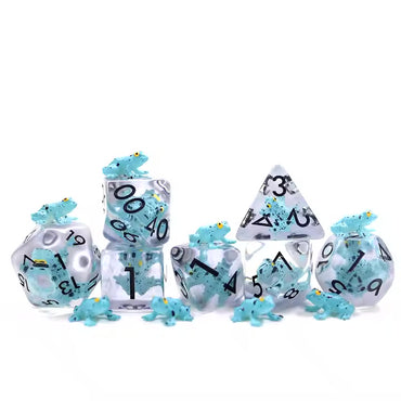 Teal Frog 7pc Dice Set for TTRPG inked in Black