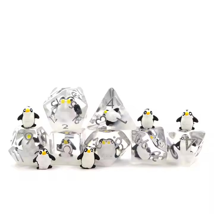 Penguin 7pc Dice Set for TTRPG inked in Silver