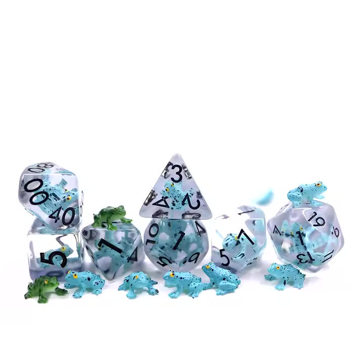 Teal Frog 7pc Dice Set for TTRPG inked in Black