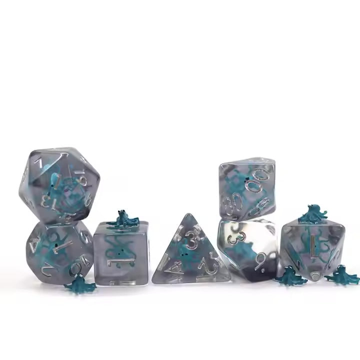 Teal Octopus 7pc Dice Set for TTRPG inked in Silver